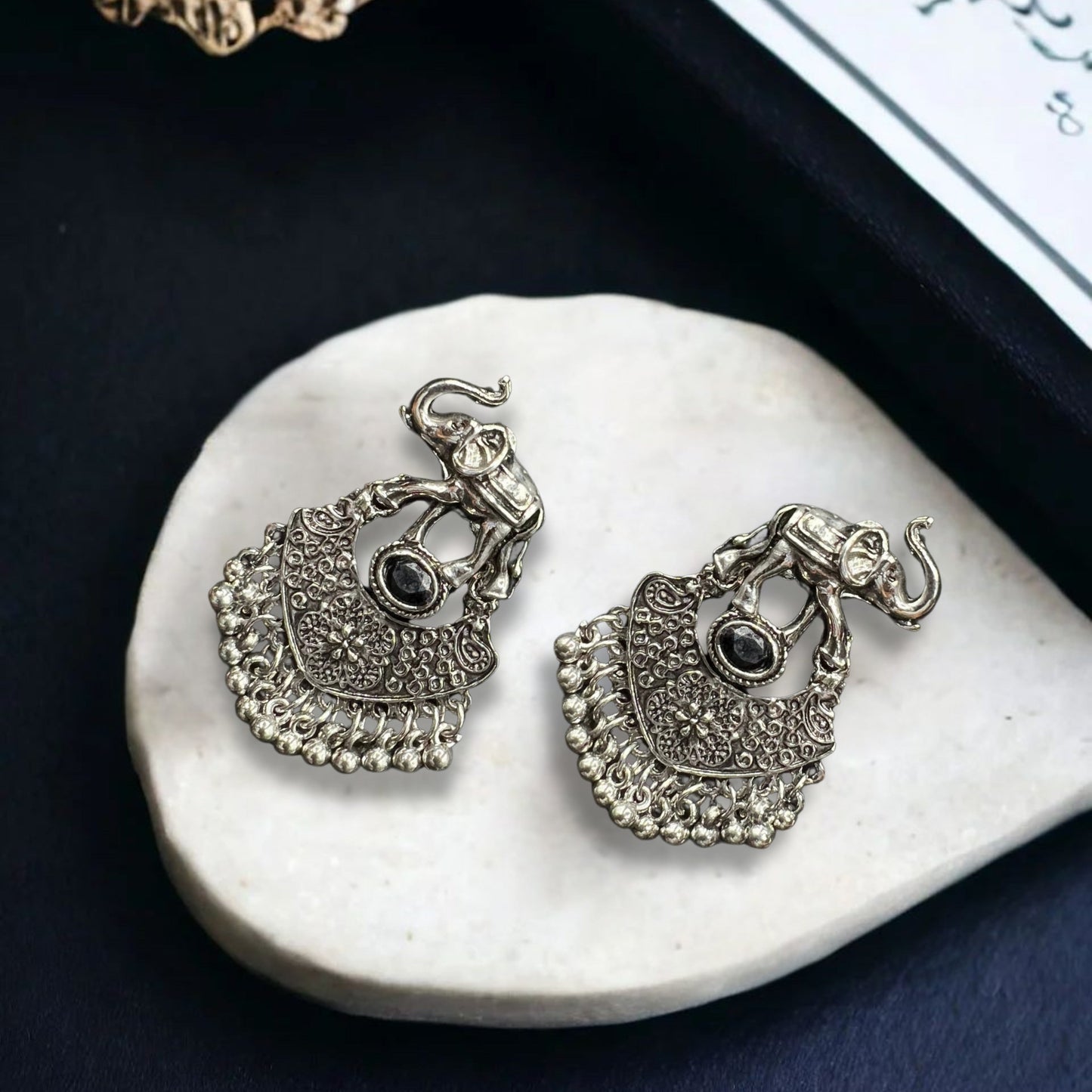 Trisha Elephant Charm Oxidised Earrings