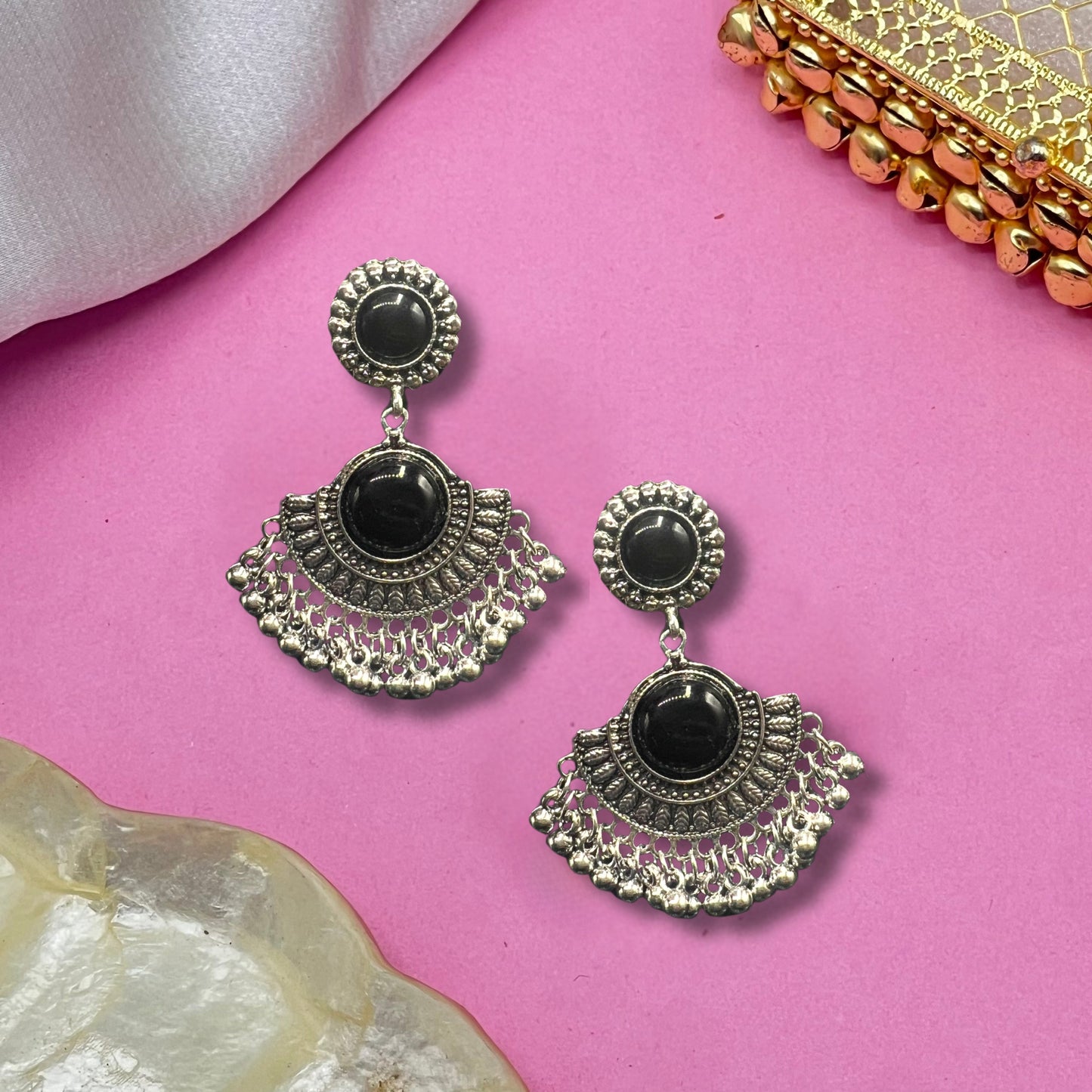 Kavya Black Stone Fan Jhumkas