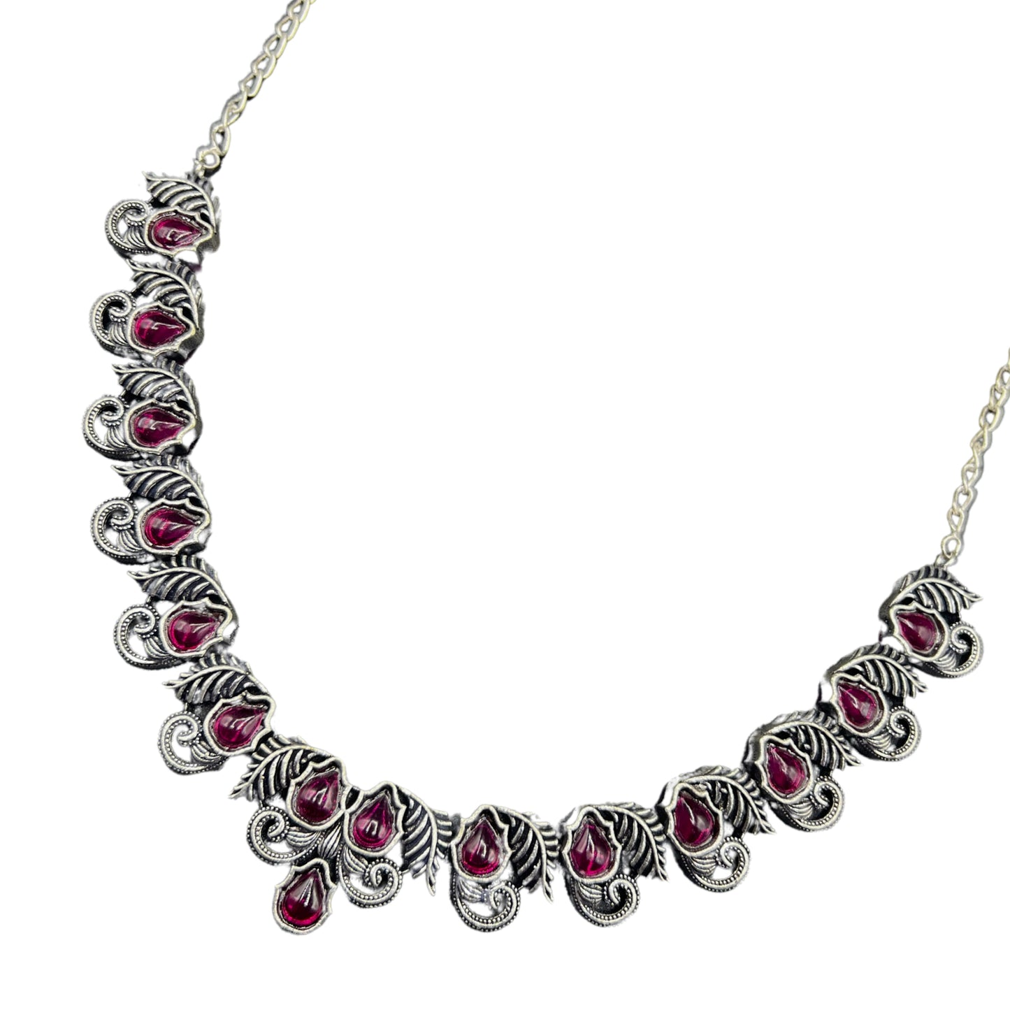 Saaj Ruhani Red Stone Antique Silver Polish Oxidised Choker Necklace Set