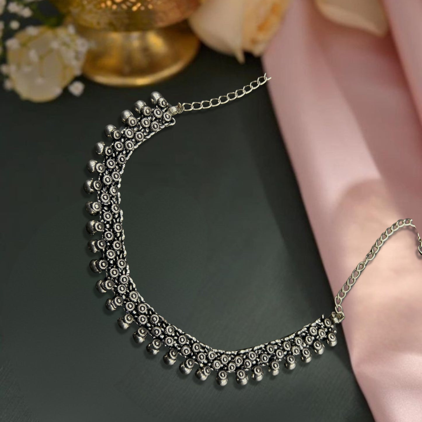 Saaj Triya Antique Silver Polish Oxidised Choker Necklace Set