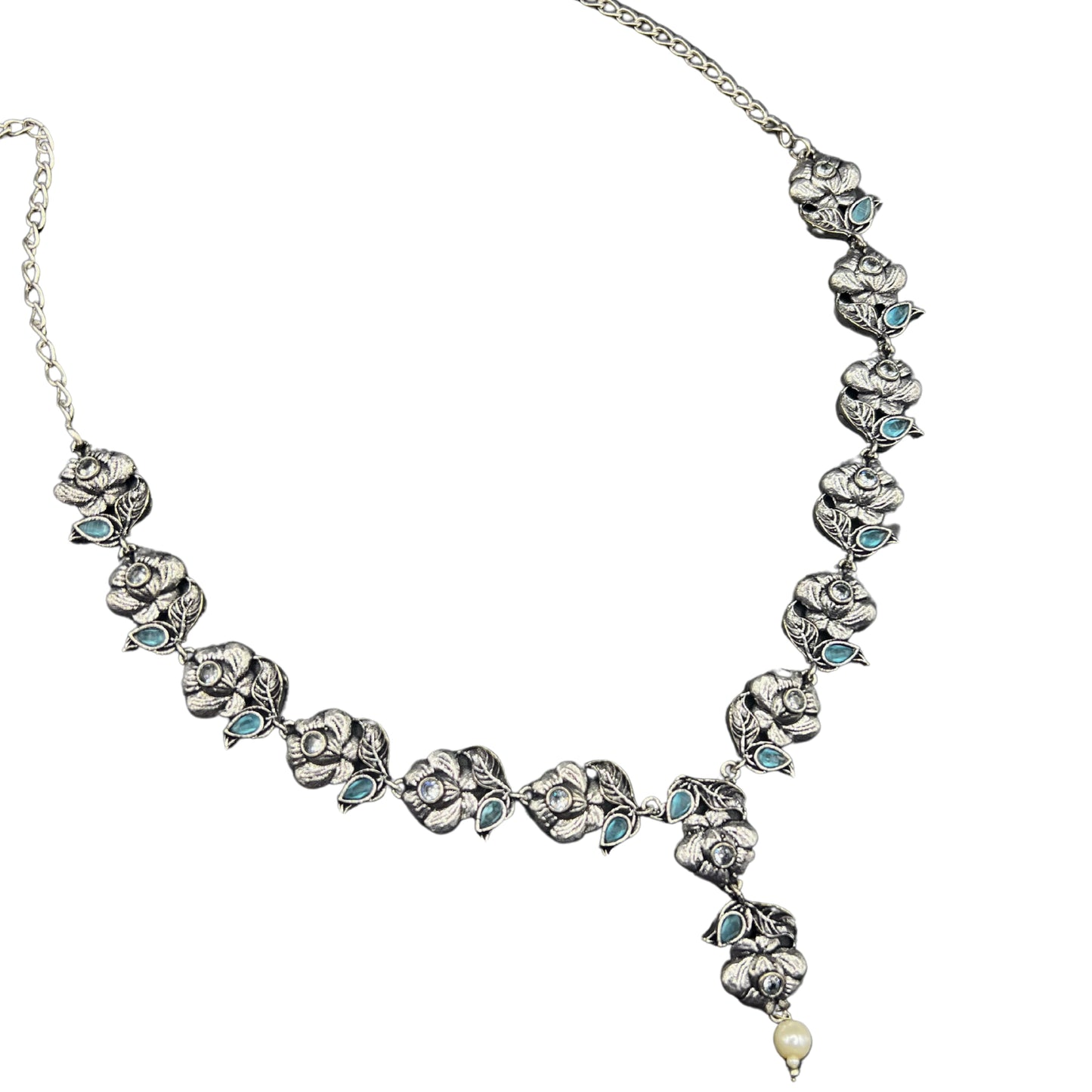 Saaj Falak Floral Blue Oxidised Silver Polish Choker Necklace Set