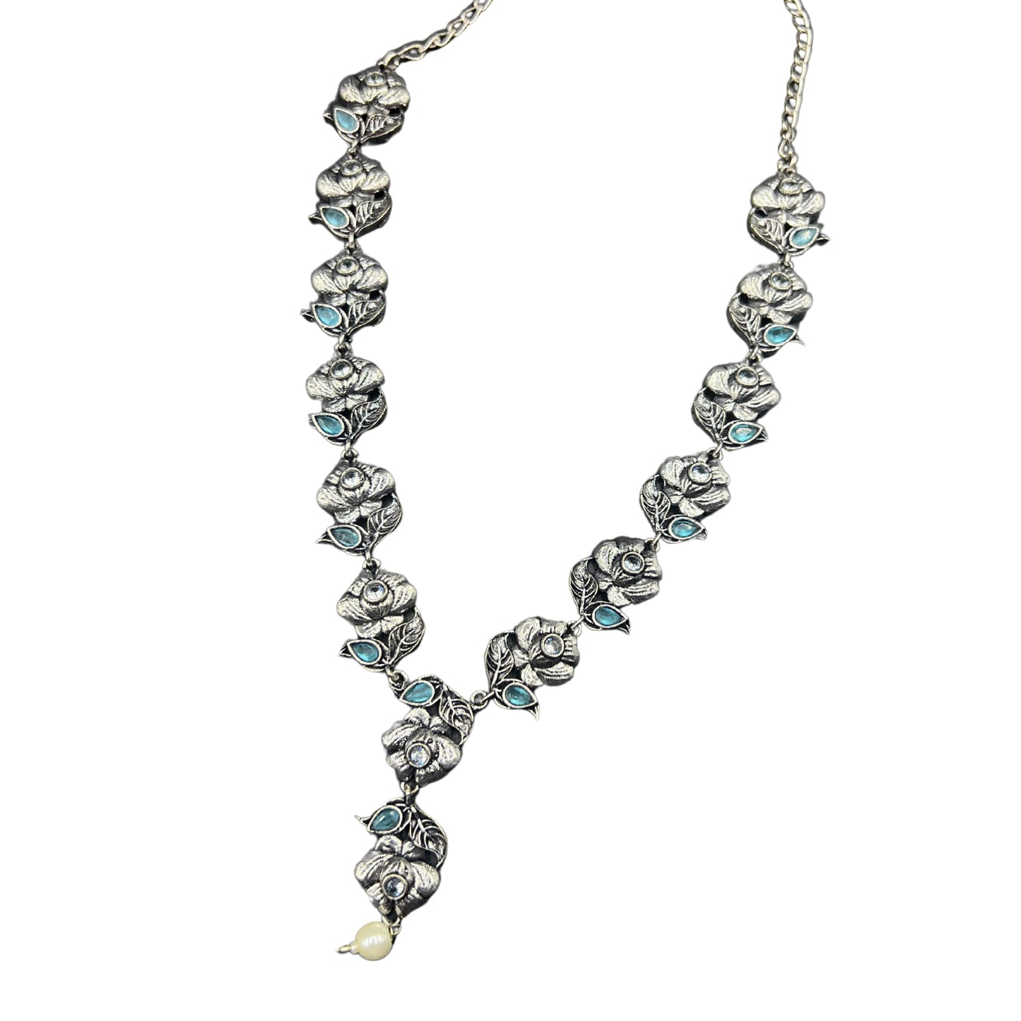 Saaj Falak Floral Blue Oxidised Silver Polish Choker Necklace Set