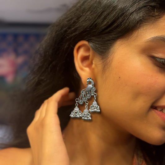 Naira Peacock Silver Oxidized Earrings
