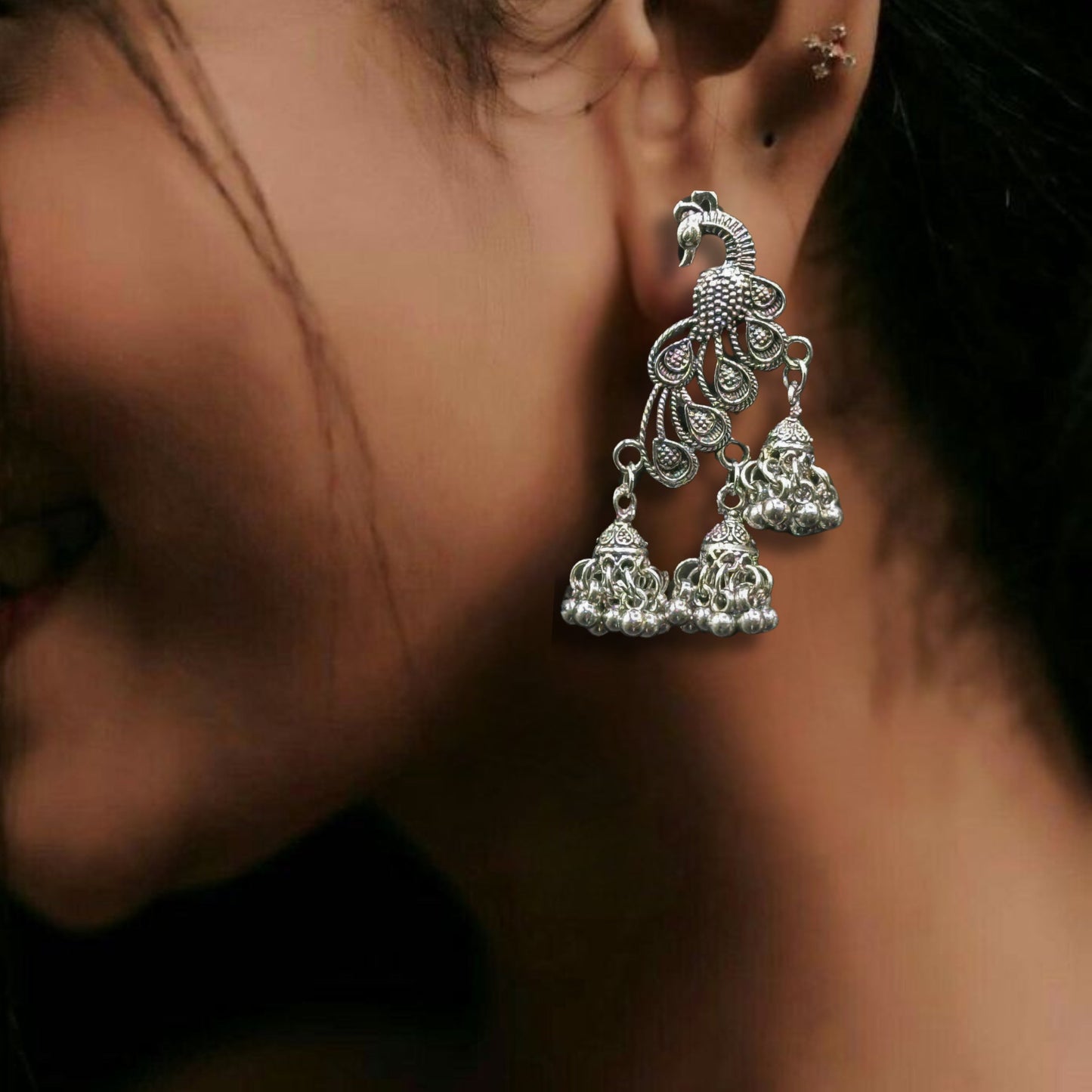 Naira Peacock Silver Oxidized Earrings