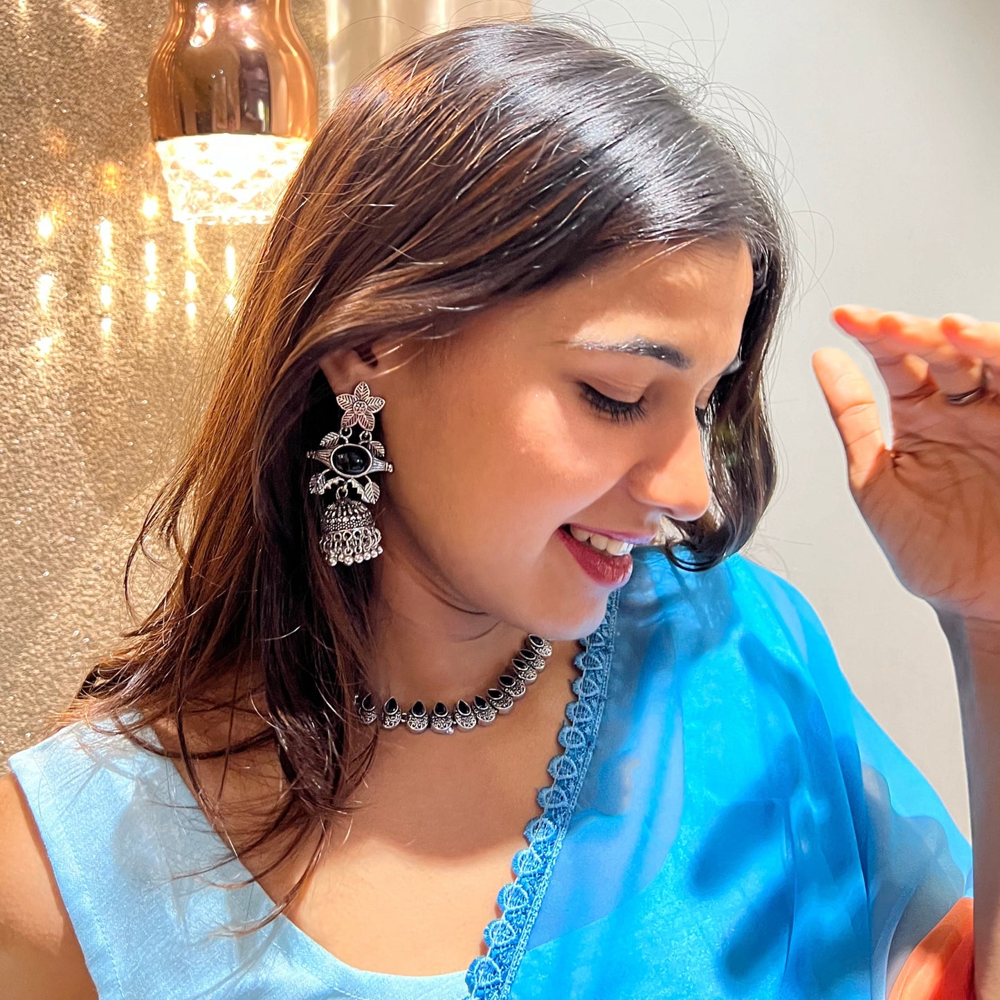 Alana Silver Stone Jhumkas