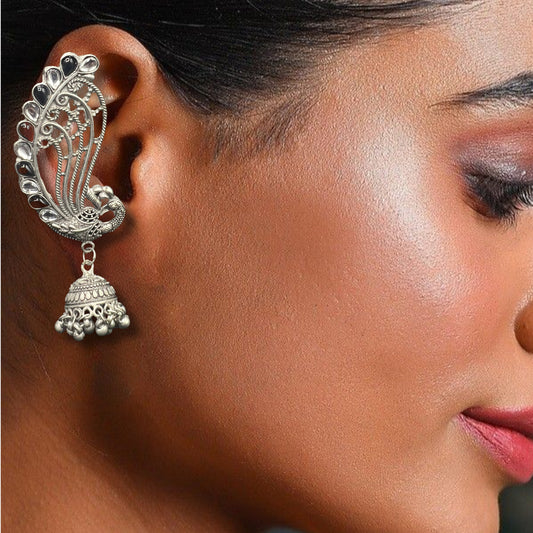 Saaj Lavanya Peacock Silver Oxidised Earcuffs