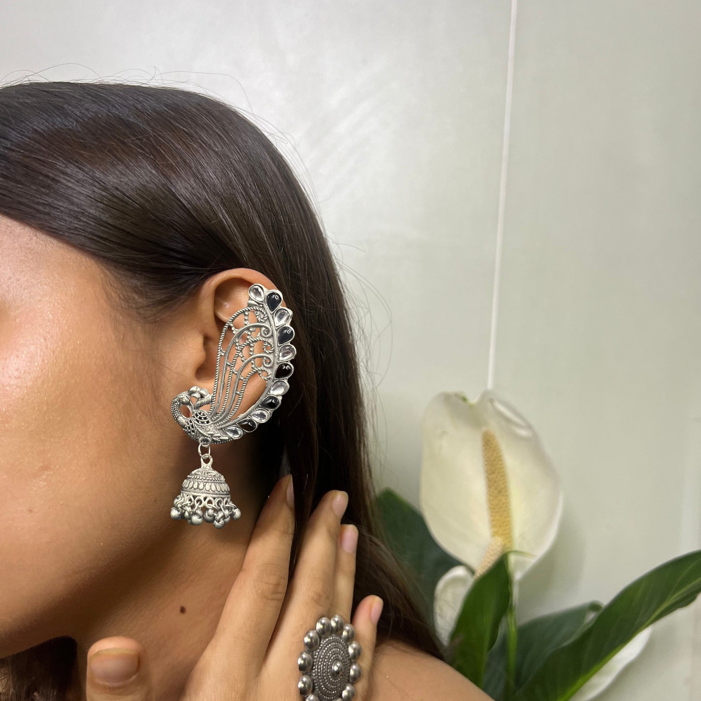 Saaj Lavanya Peacock Silver Oxidised Earcuffs