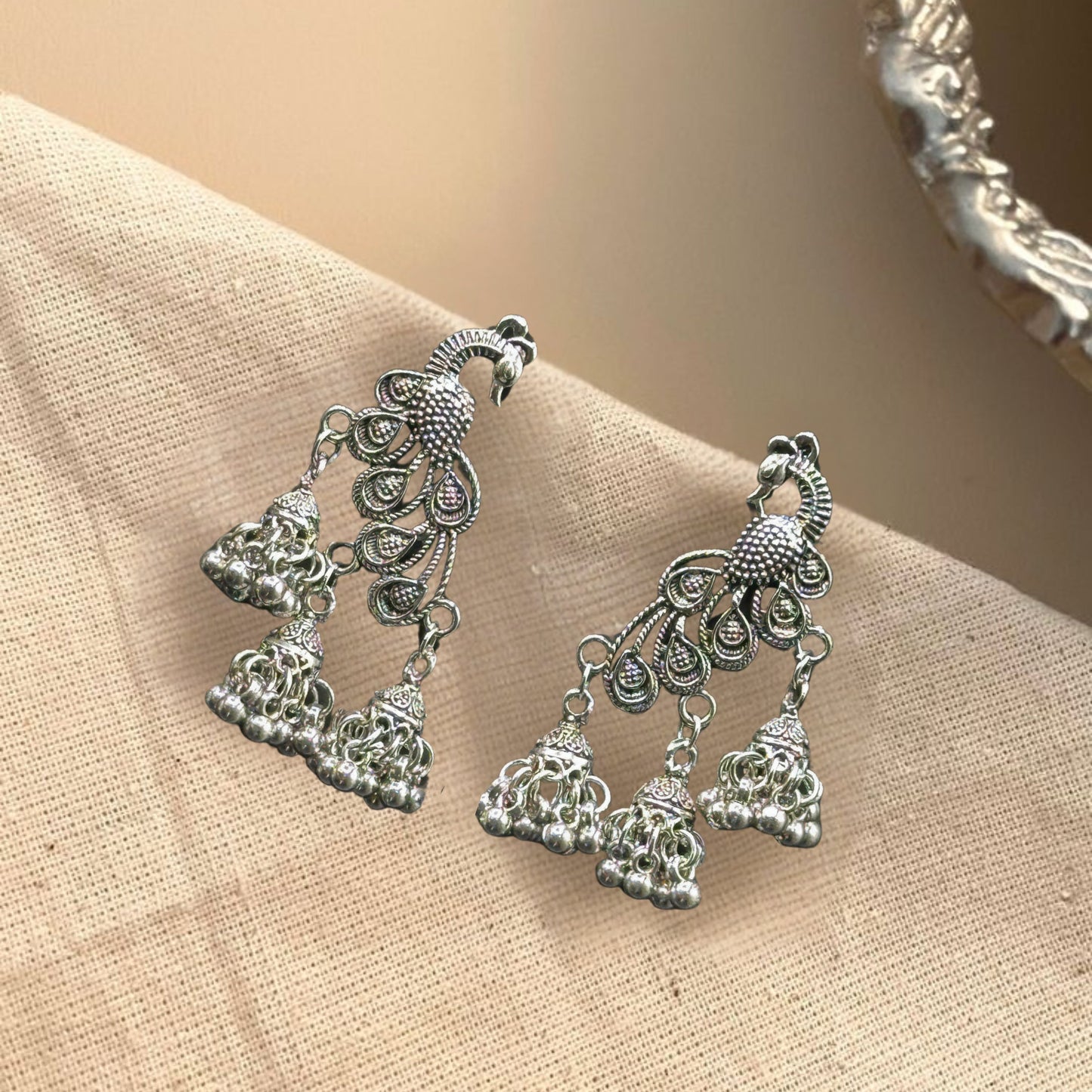 Naira Peacock Silver Oxidized Earrings
