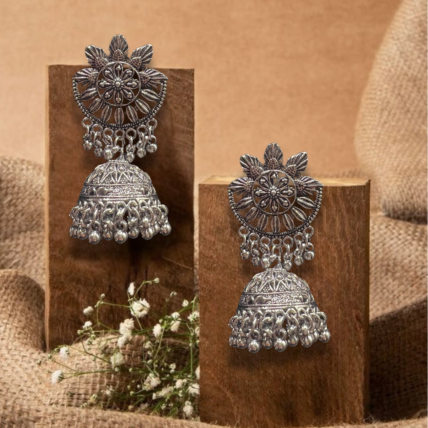 Kaira Silver Oxidized Jhumkas