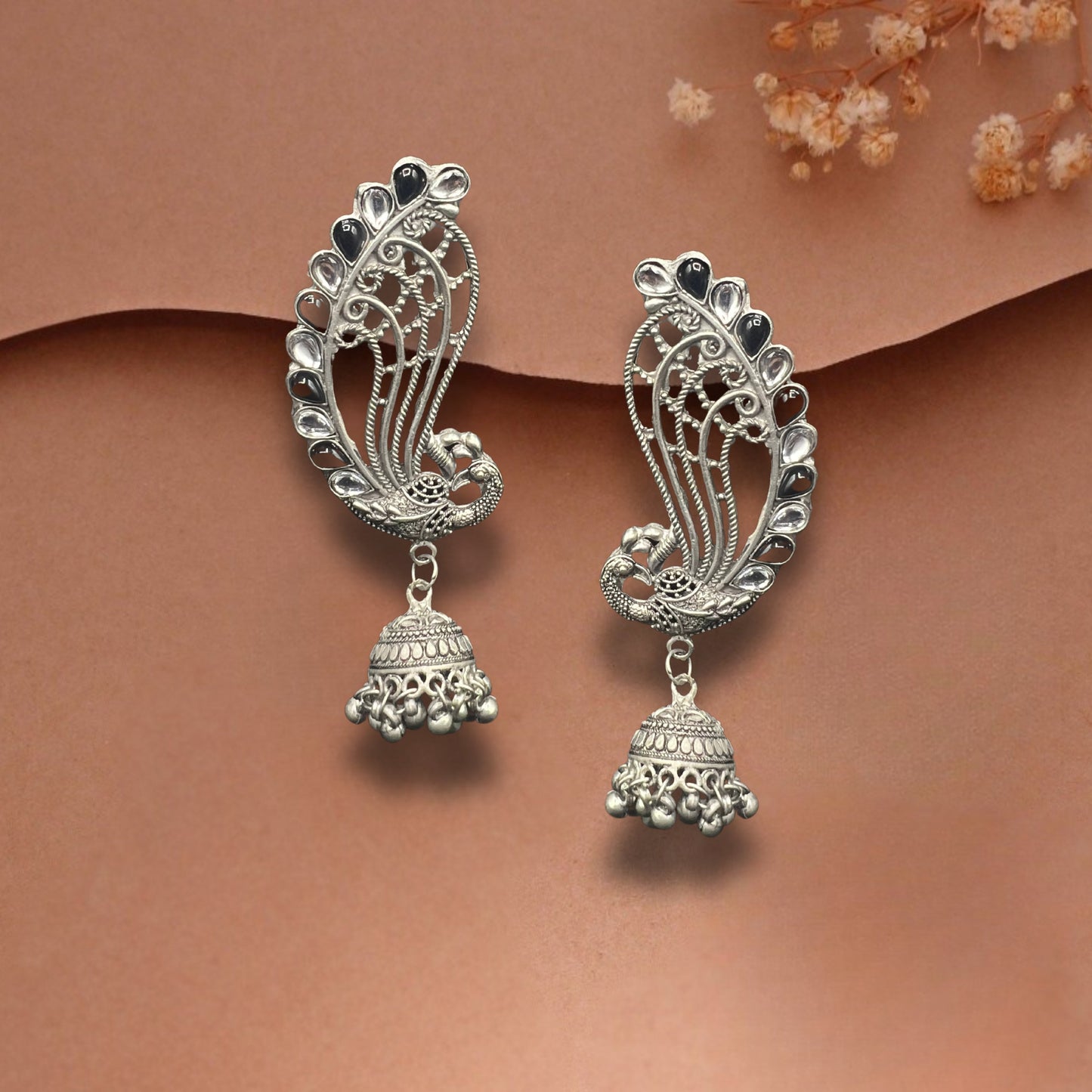 Saaj Lavanya Peacock Silver Oxidised Earcuffs