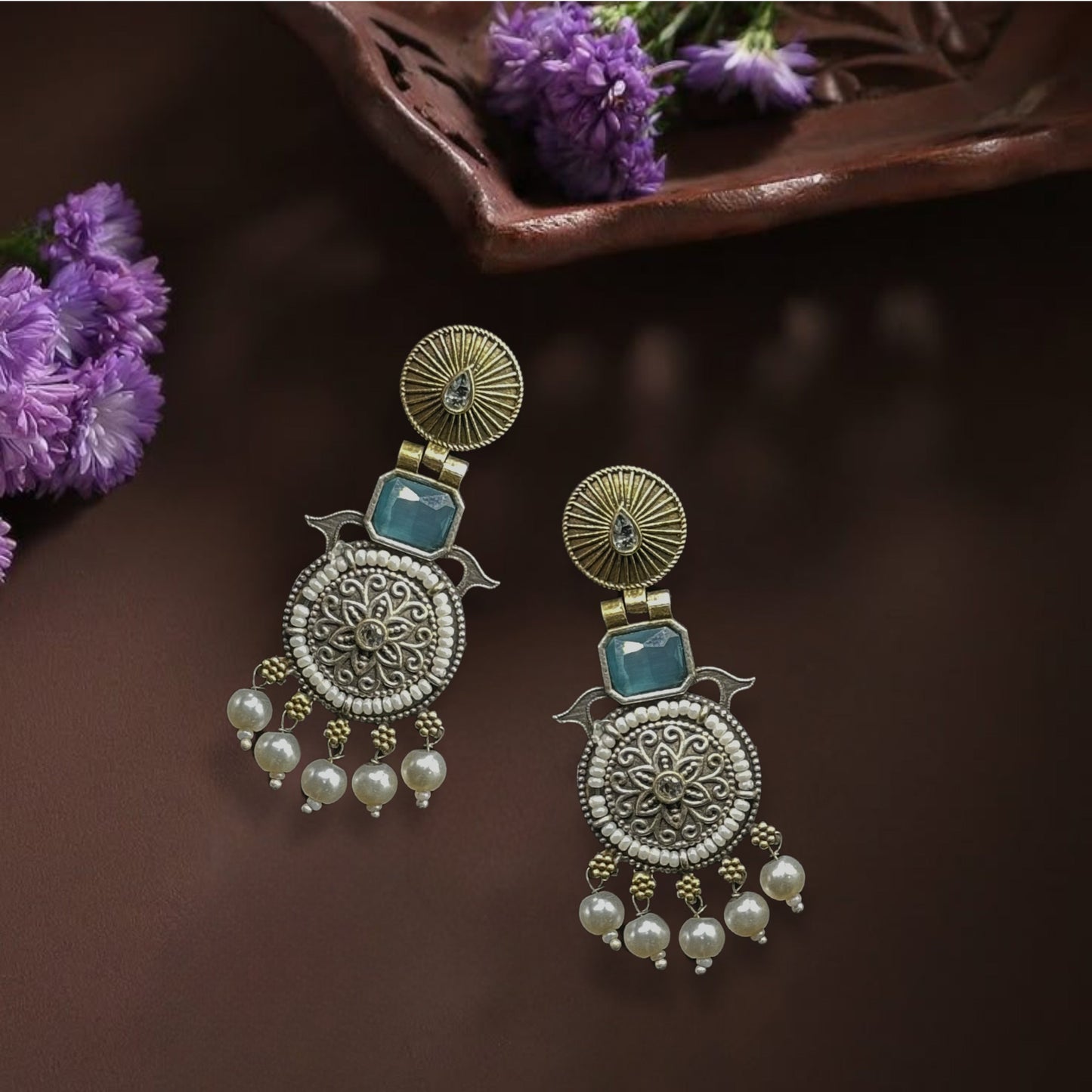 Saaj Rajvi Silver and Golden Earrings