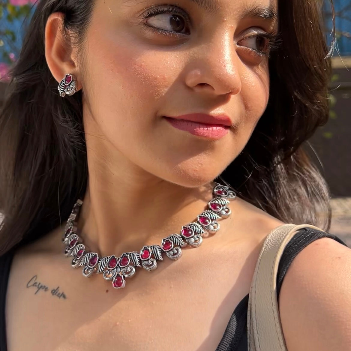 Saaj Ruhani Red Stone Antique Silver Polish Oxidised Choker Necklace Set