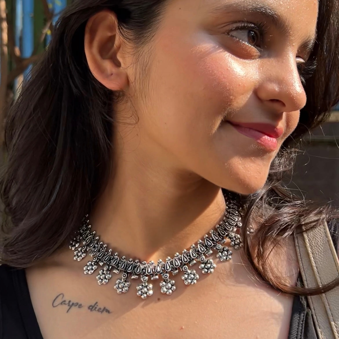 Saaj Bhoomi Antique Silver Polish Oxidised Chocker Necklace