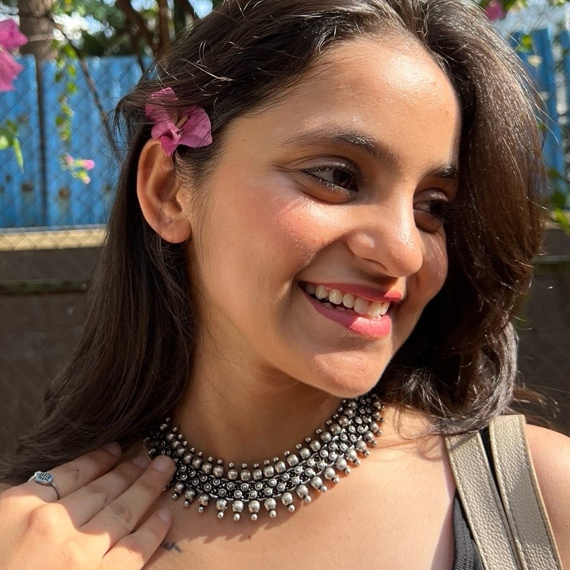 Saaj Tara Antique Silver Polish Oxidised Choker Necklace