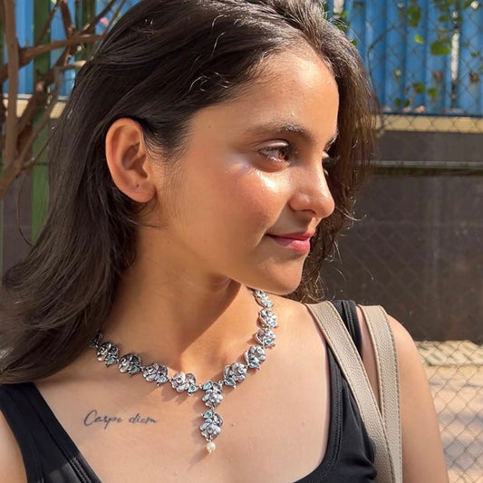 Saaj Falak Floral Blue Oxidised Silver Polish Choker Necklace Set