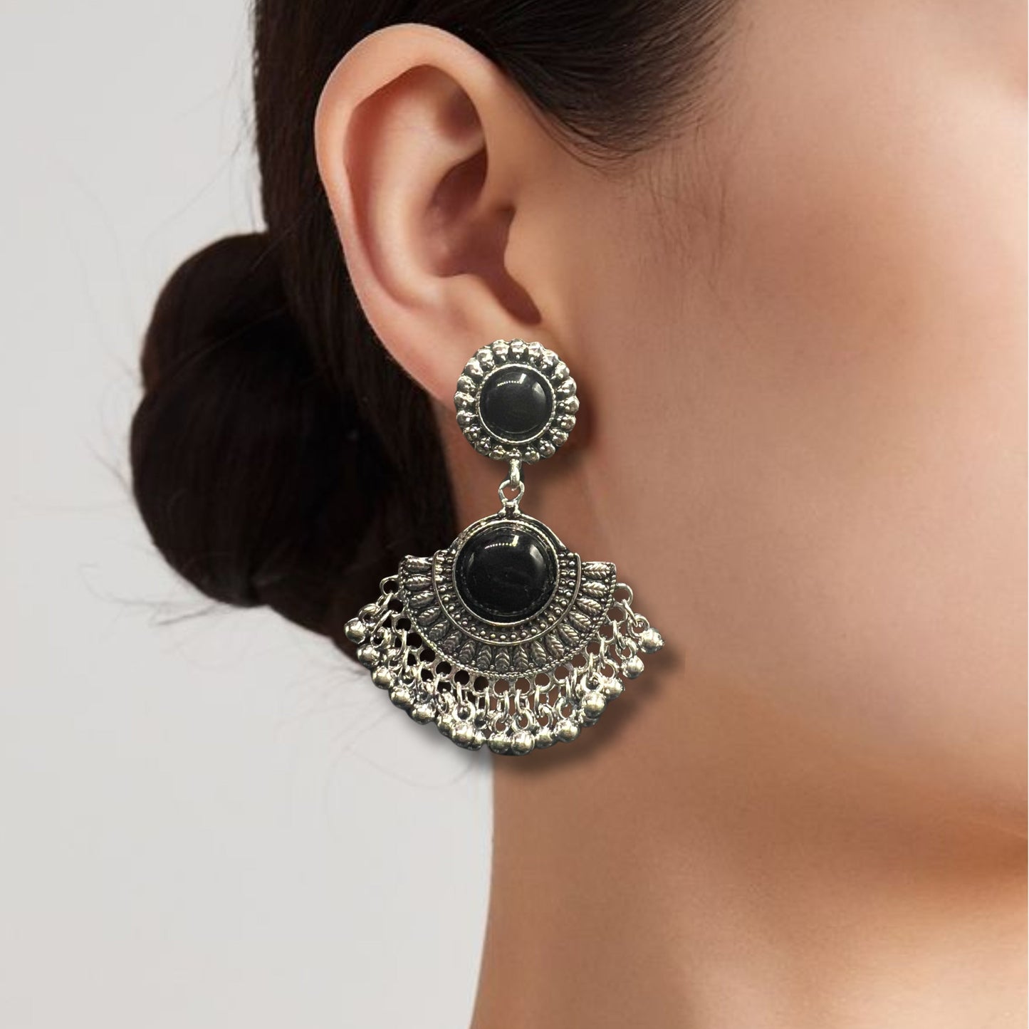 Kavya Black Stone Fan Jhumkas