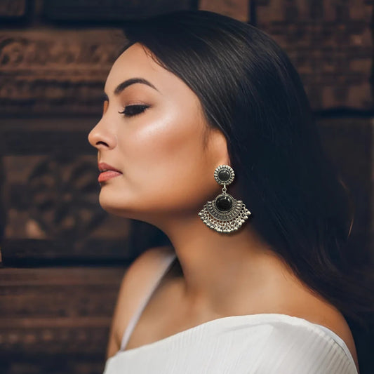 Kavya Black Stone Fan Jhumkas