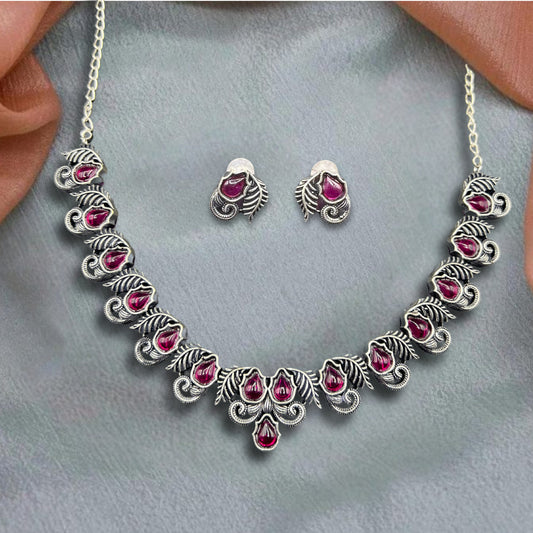 Saaj Ruhani Red Stone Antique Silver Polish Oxidised Choker Necklace Set