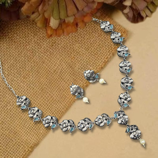 Saaj Falak Floral Blue Oxidised Silver Polish Choker Necklace Set