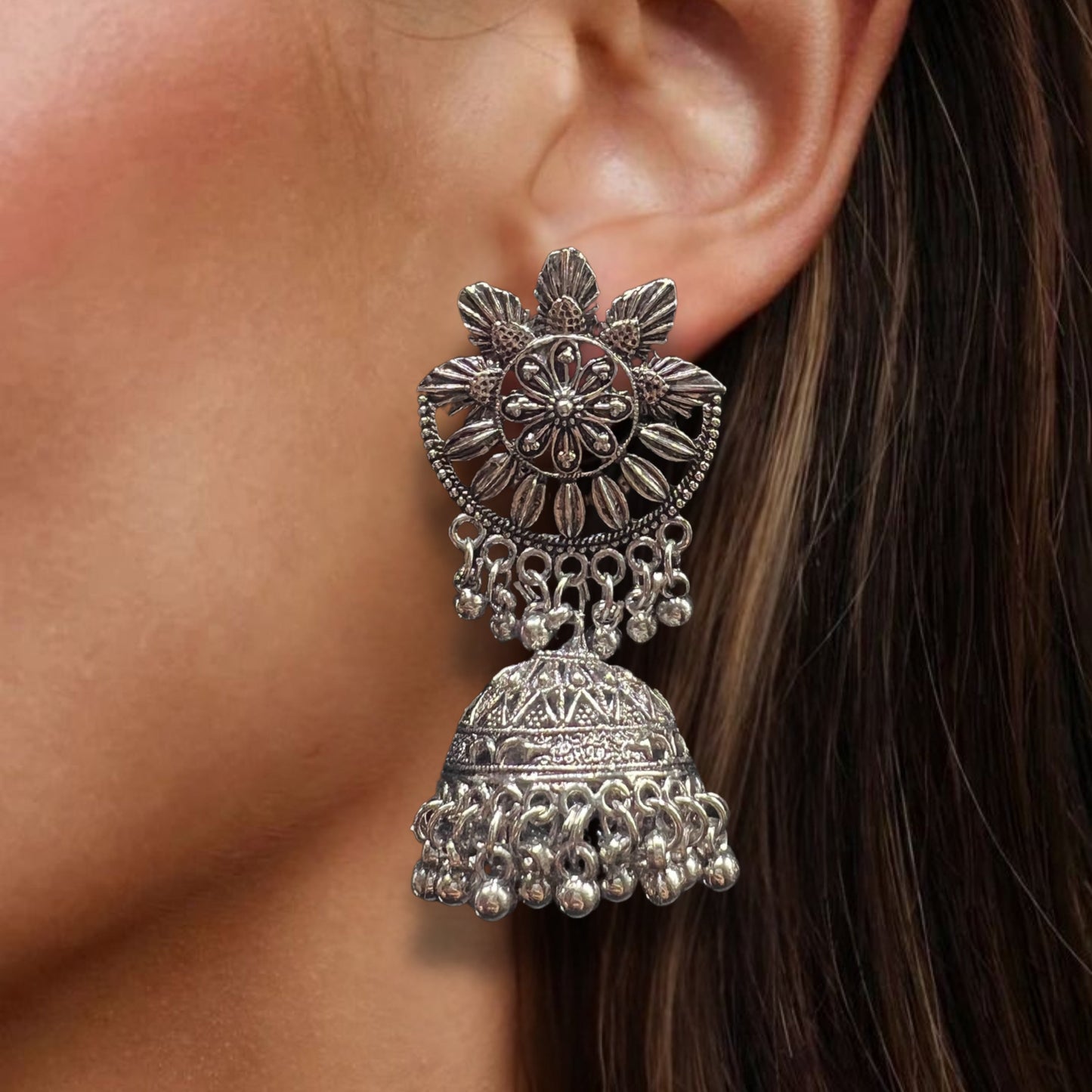 Kaira Silver Oxidized Jhumkas