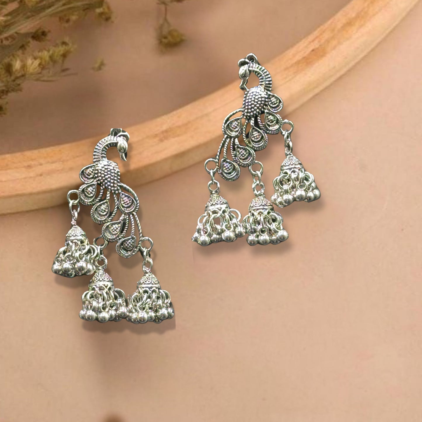 Naira Peacock Silver Oxidized Earrings