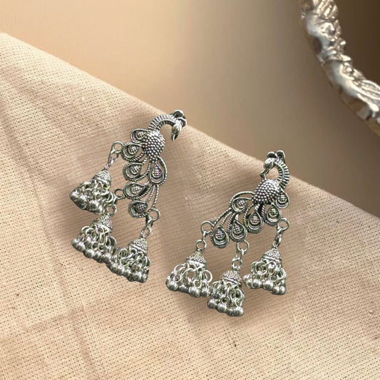 Naira Peacock Silver Oxidized Earrings