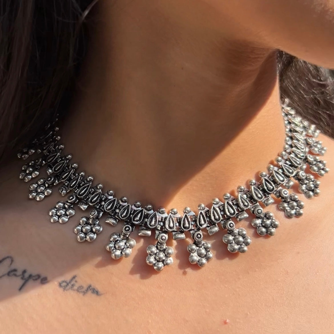 Saaj Bhoomi Antique Silver Polish Oxidised Chocker Necklace